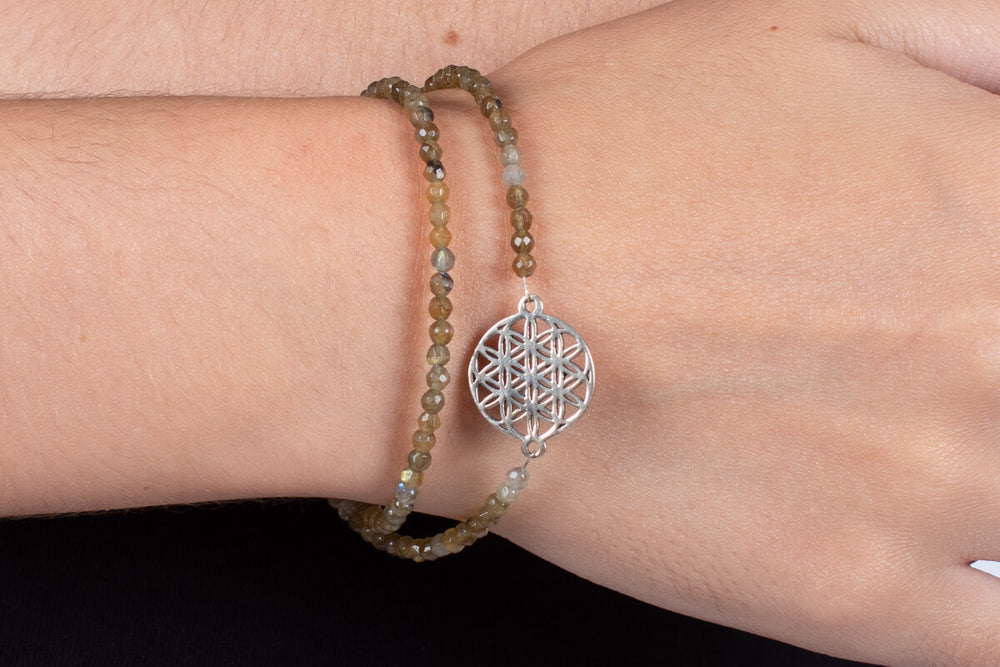 Armband (doppelt) Labradorith mit Symbol der Blume des Lebens in Silber #203