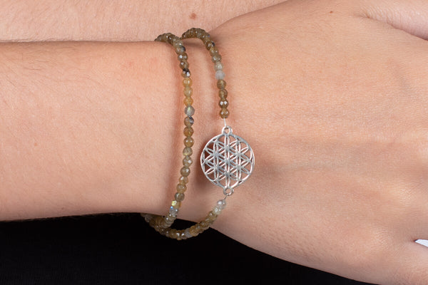 Armband (doppelt) Labradorith mit Symbol der Blume des Lebens in Silber #203