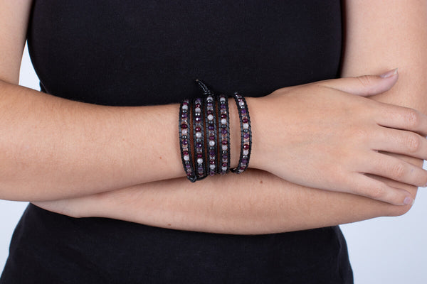 Armband (vierfach) Diverse Steine in Leder gefasst #214