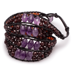 Armband (vierfach) Amethyst & Granat & Carneol in Leder gefasst
