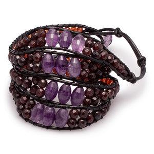 Armband (vierfach) Amethyst & Granat & Carneol in Leder gefasst #215