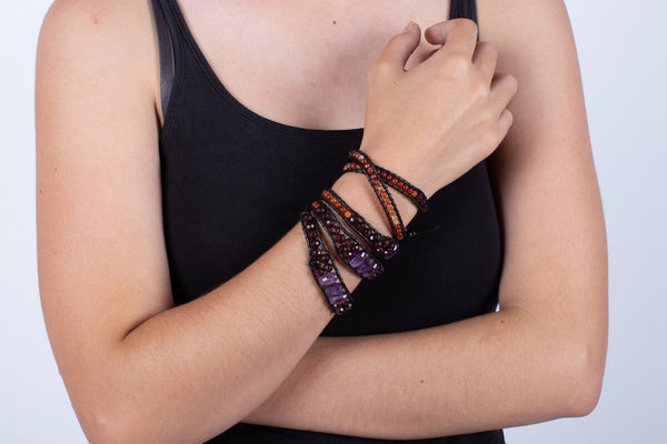Armband (vierfach) Amethyst & Granat & Carneol in Leder gefasst #215