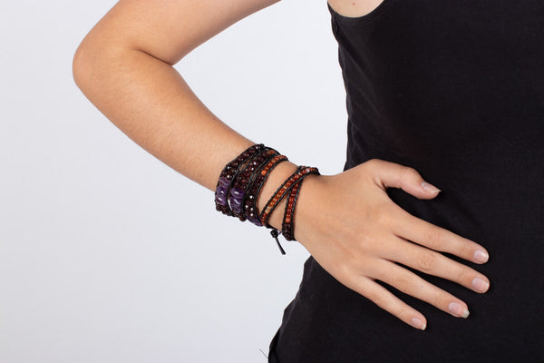 Armband (vierfach) Amethyst & Granat & Carneol in Leder gefasst #215