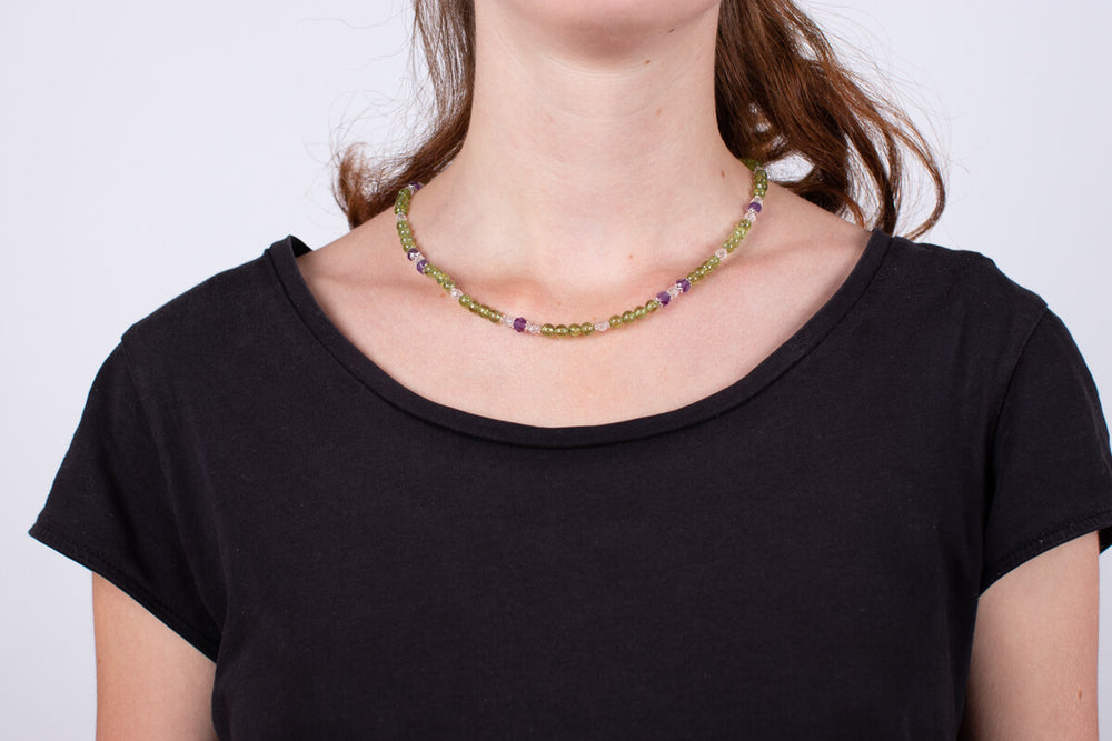 Halskette Peridot mit Bergkristall und Amethyst #50